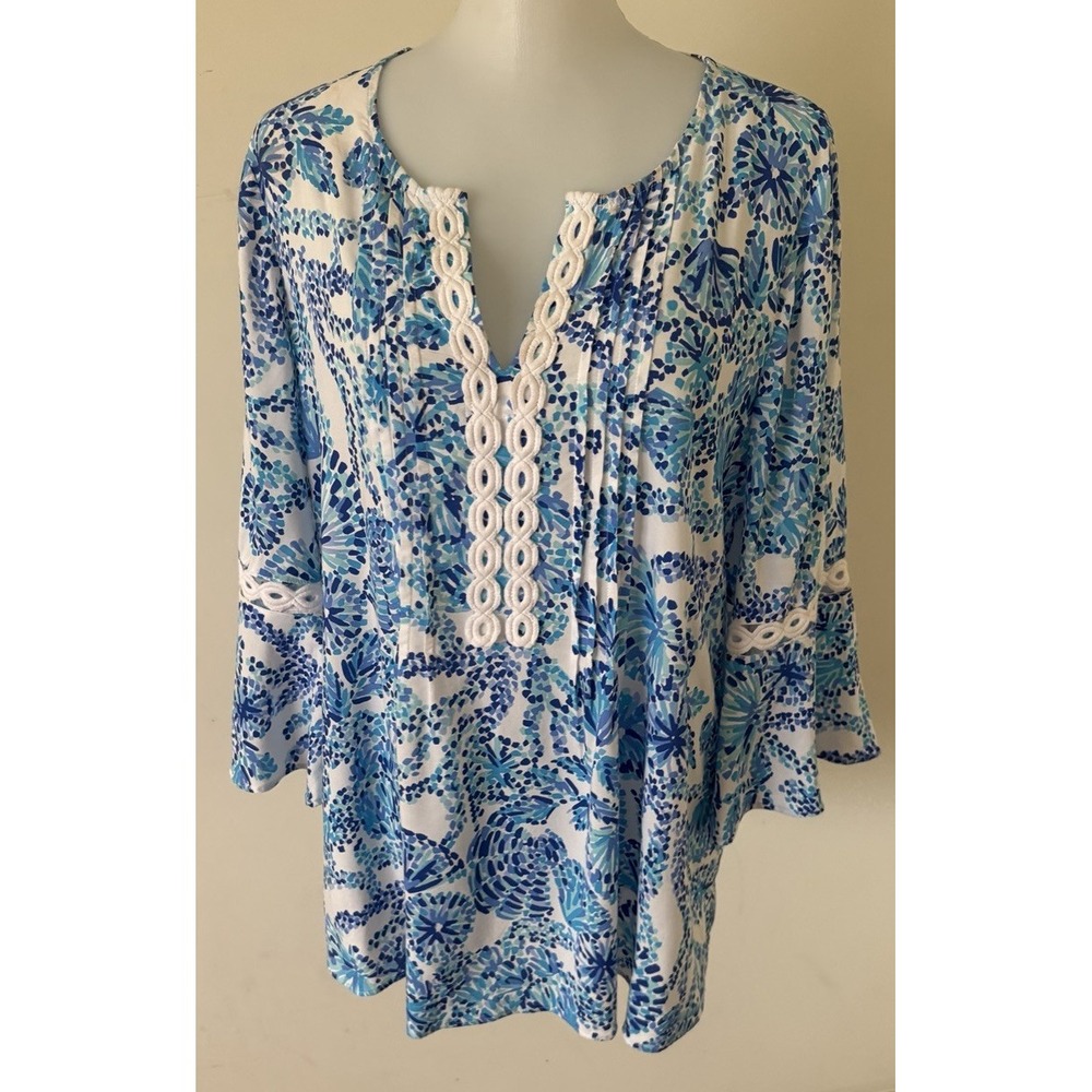 Lilly Pulitzer Hollie Tunic Blouse Womens Medium Blue - Picture 3 of 11